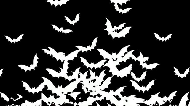 Spooky Halloween Flying Bats Transition Overlay on Green Screen Chroma Key, Swarm of Black Bat Silhouettes VFX Effect for Horror Video Editing. Black Bat Swarm Flying Across Green Screen