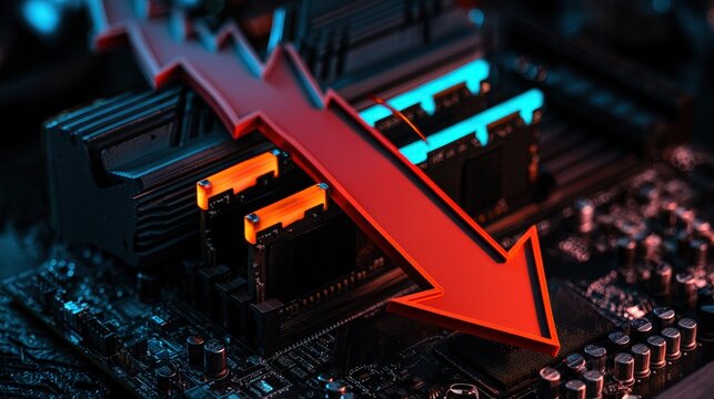 Red declining arrow lying on a glowing computer motherboard. Represents tech stock market crash and semiconductor shortage concepts.