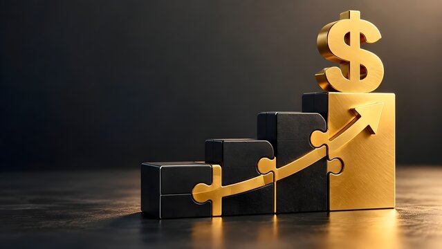 Golden dollar sign on puzzle step chart with upward arrow representing financial growth and investment success strategy