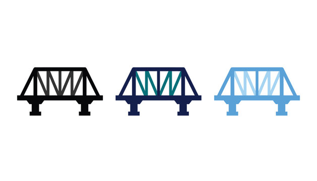 Set of three bridge icons in different colors, flat vector illustration of truss bridge structures for engineering and transportation design