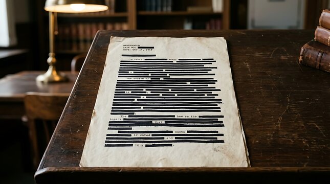 Redacted document with blacked out text on a dark wooden desk