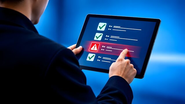 Digital tablet checklist with red warning error alert being touched by businessman hand for system auditing and compliance