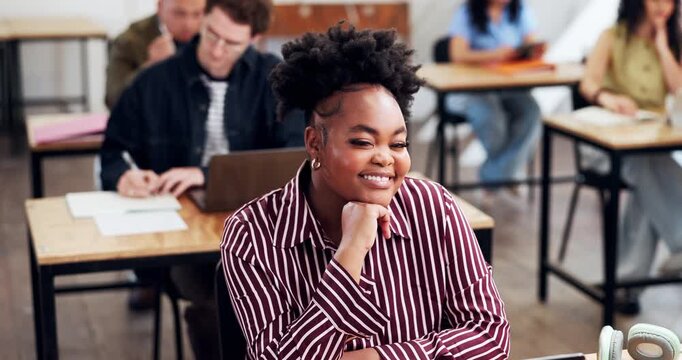 Face, woman and student in class with smile, learning and university lecture for knowledge. Portrait, female person and people at campus for assessment, academic scholarship and course for education