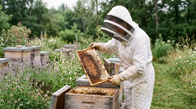 Beekeeper inspecting a honeycomb frame at an apiary