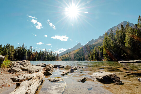 Rocky shoreline borders shallow lake beneath afternoon light.
