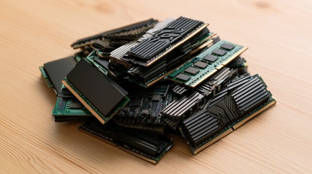 A large pile of old computer RAM memory modules scattered on a wooden table. Perfect for electronics recycling and e-waste concepts.