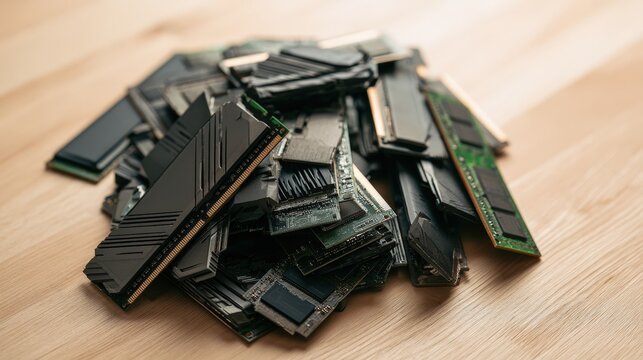 A pile of various computer RAM memory modules sits on a wooden desk. Ideal for e-waste recycling or hardware upgrade concepts.
