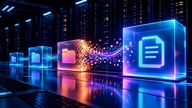 Digital document folder transferring glowing data particles inside data center representing secure cloud storage migration
