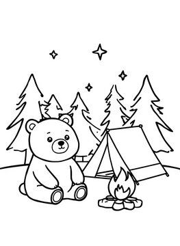 Cute cartoon bear camping next to tent and campfire in forest coloring page
