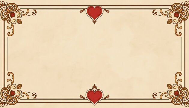 Clean cream paper background with elegant gold and red heart corner frame border 