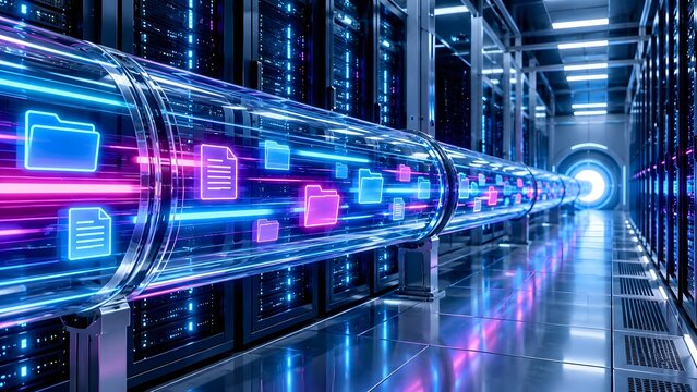 Glowing digital document folders flowing through transparent pipeline in futuristic server room data center