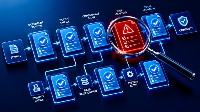 Digital compliance workflow flowchart with magnifying glass highlighting risk analysis document step in process