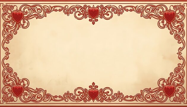 Deep red and gold vintage parchment background with ornate heart corner frame border