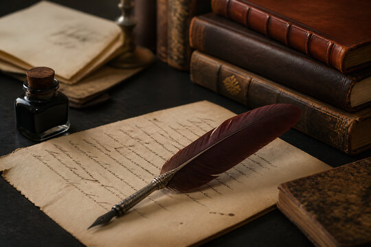 A vintage writing setup with old letters, inkwell, and a quill pen on a dark surface.
