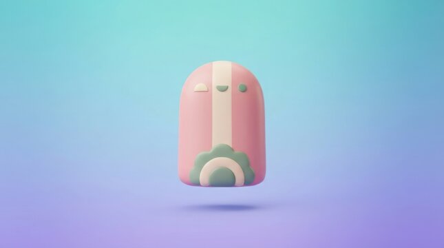 Cute 3D render of a pink capsule shaped character with a pastel rainbow motif isolated on a soft