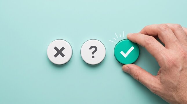 Human hand pressing a glowing green checkmark button next to question mark and cross symbols