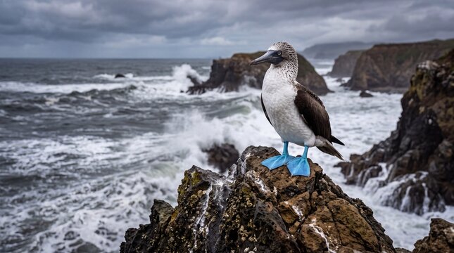 Blue-footed booby standing on a rocky cliff overlooking a stormy ocean