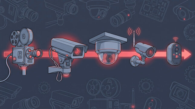 Evolution of security cameras showing technological progress on a dark background