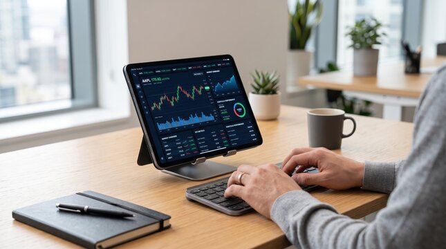 Stock trader analyzing crypto and stock market trends on tablet computer screen. Person working with financial data charts in bright modern office. Online trading and investment