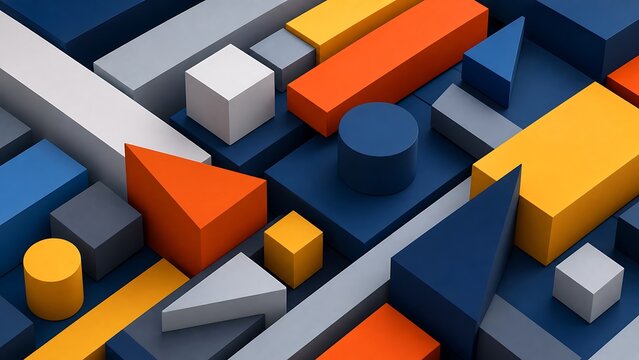 Creative abstract geometric background featuring vibrant 3D extruded shapes in blue orange and grey