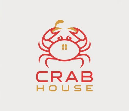 Minimalist crab house logo design with red and gold graphic elements