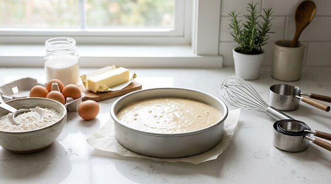 Baking cake batter in a round metal pan on a bright kitchen counter with ingredients. beginner baking guide