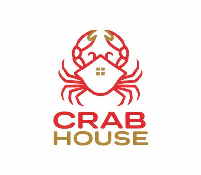 Minimalist crab house logo design with red and gold graphic elements