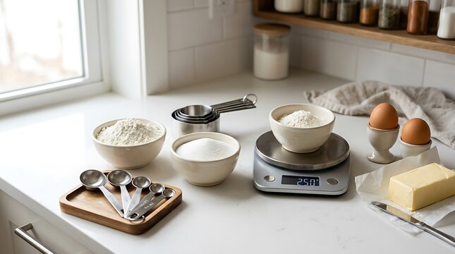 Baking ingredients in bowls with digital scale and measuring spoons on a bright kitchen counter. beginner baking guide