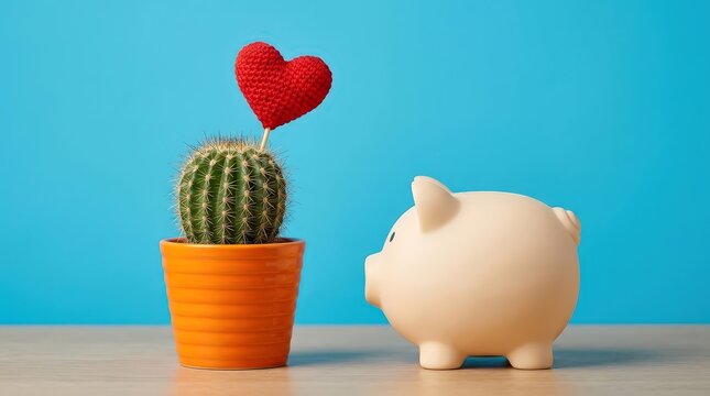 Little pink piggy bank looking at a potted cactus with a red heart decoration