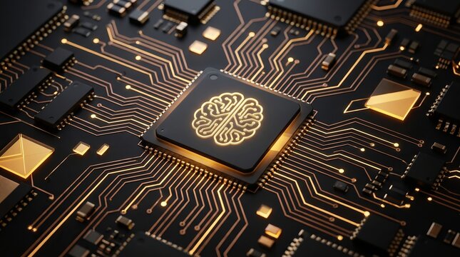 Artificial intelligence microprocessor featuring glowing neural network brain icon embedded securely on advanced electronic motherboard surface