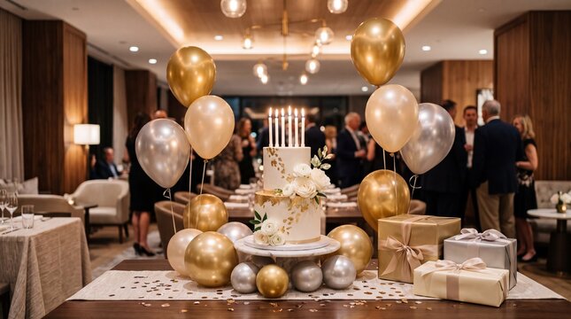 Elegant birthday cake with gold and silver balloons in a luxury restaurant