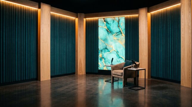 Modern interview corner studio set featuring dark teal vertical wall panels, an illuminated turquoise marble art piece, armchair, and floor glow.