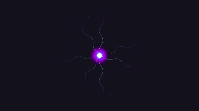 Glowing abstract digital energy core with waving neon tentacles and rotating lines on dark background
