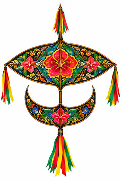 Traditional Malaysian wau bulan kite with colorful floral batik pattern isolated on white