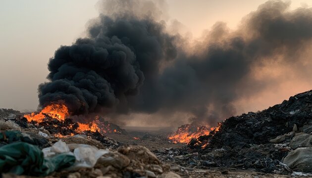 Massive fire burning in a large garbage dump site.