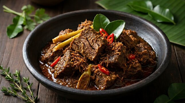 Delicious indonesian beef rendang served in a dark ceramic bowl with spices and herbs. Malaysian Cuisine