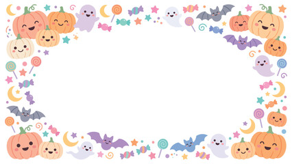 Fototapeta premium Decorative Halloween Border Frame with Pumpkins Ghosts Cats and Floral Elements for Design Projects.