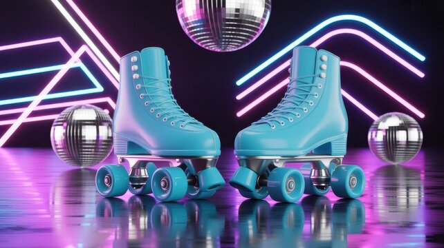 Blue roller skates on a reflective floor with neon disco lights background