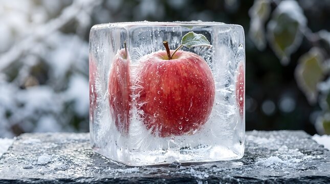 A vibrant red apple seemingly suspended in time is encased within a block of crystalline ice creating a striking visual contrast that evokes the serene