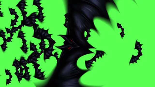 Spooky Halloween Flying Bats Transition Overlay on Green Screen Chroma Key, Swarm of Black Bat Silhouettes VFX Effect for Horror Video Editing. Black Bat Swarm Flying Across Green Screen