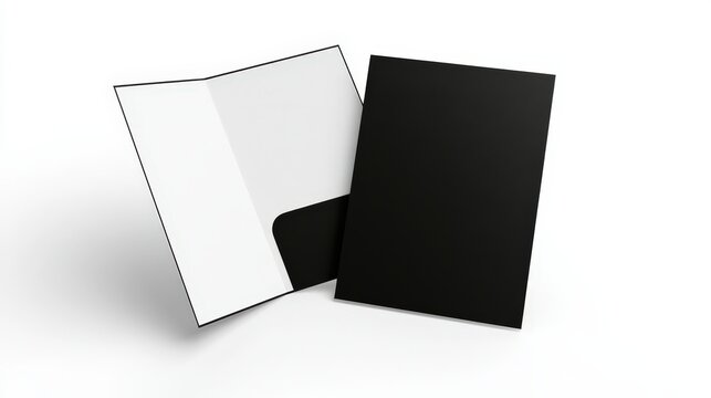 Two black presentation folders, one open and one closed, isolated on white background. Excellent for business branding, office supplies, or corporate identity mockups.