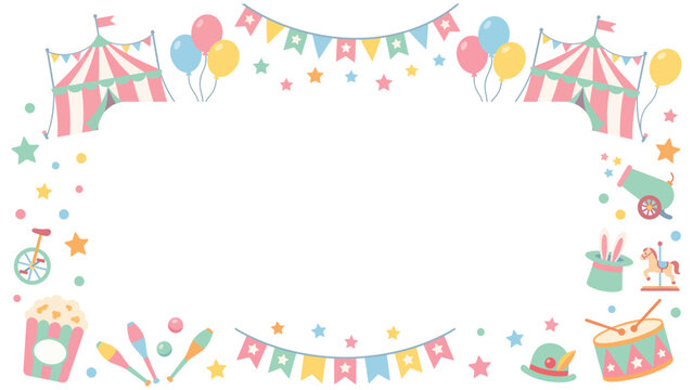 Playful Carnival Border Frame with Tents Balloons Banners Confetti and Joyful Decorations.