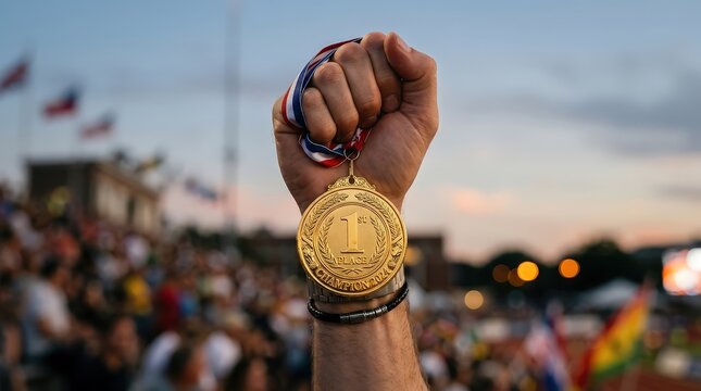 Victorious athlete holding up a shiny gold first place medal during competitive sports event