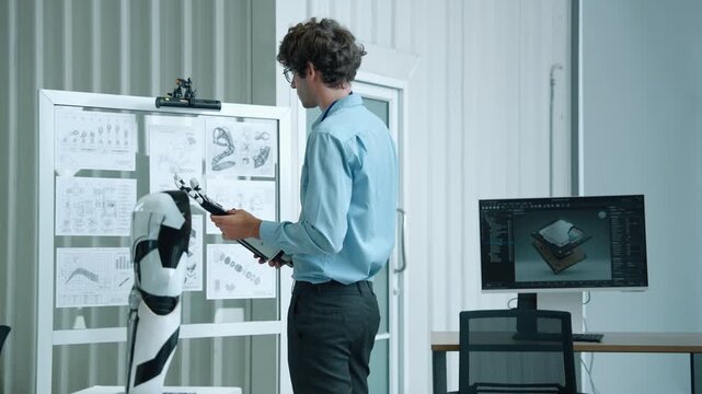 Engineer examining a robotic prosthetic arm in a modern technology laboratory surrounded by engineering drawings, computer hardware and digital design software.
