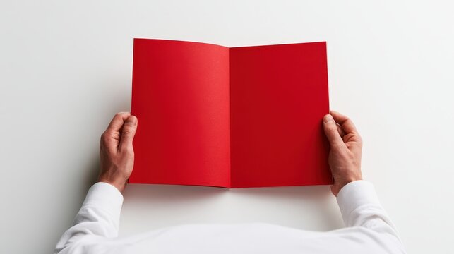 A man in a white shirt holding an open red brochure against a plain white background. Ideal for showcasing graphic design layouts and corporate print marketing.