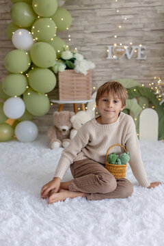 Cute boy, child in chic clothing on a decorated background in studio, enjoying