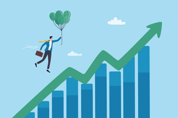 Naklejka na ściany i meble Business growth chart, growing profit and improvement progress, success arrow graph increase or rising up, investment diagram, businessman with balloons flying on business growth growing diagram.