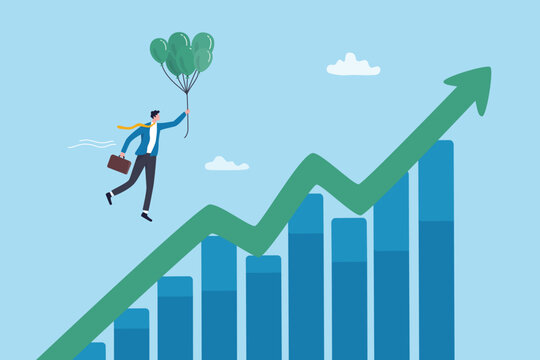 Business growth chart, growing profit and improvement progress, success arrow graph increase or rising up, investment diagram, businessman with balloons flying on business growth growing diagram.