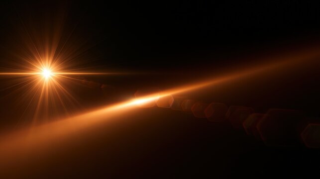 Bright orange sun star with horizontal lens flare and bokeh on a black background. Cinematic space or scifi background concept.