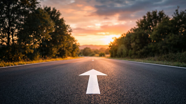 Open road at dusk with a bold white arrow guiding toward the setting sun inspiring travel adventure and moving confidently forward